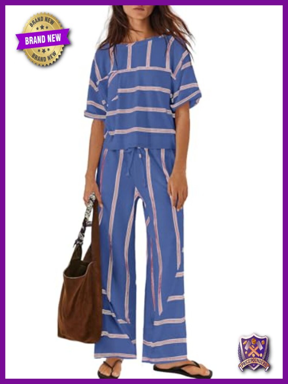 Panadila Women Striped 2 Piece Lounge Set Short Sleeve Wide Leg Pants